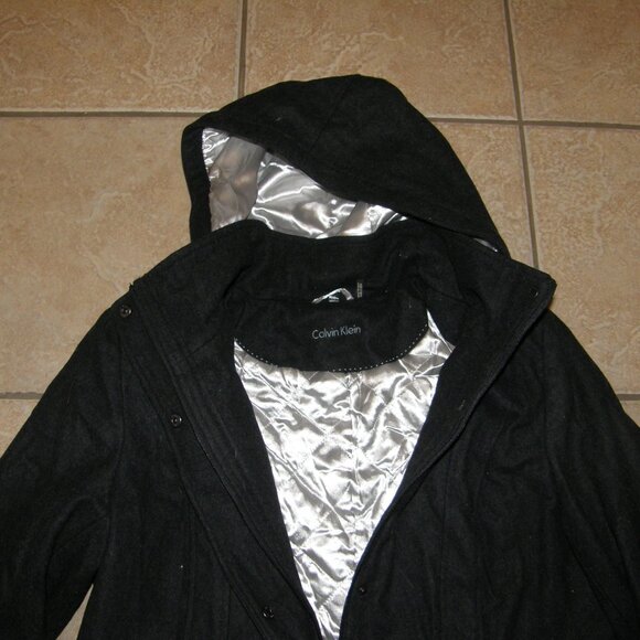 NEW Black Sz 16 Wool Blend Removeable Hood Coat Pockets CALVIN KLEIN - Picture 3 of 8
